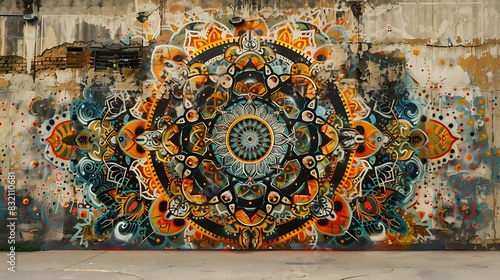 A wall with graffiti art that resembles the intricate patterns of a mandala, concentric circles and geometric symmetry