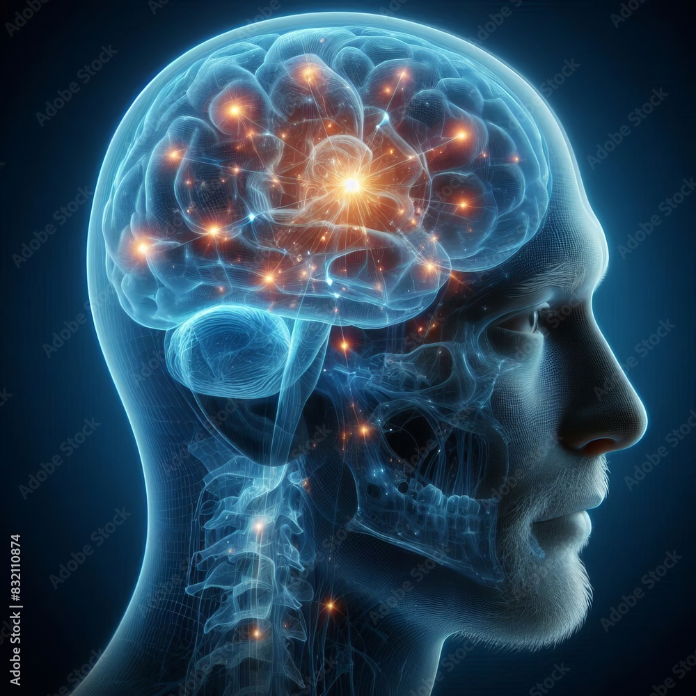 A 3D illustration of a human head with a glowing brain, highlighting neural connections and activity. A 3D illustration of a human head with a glowing brain, highlighting neural connections and activity.