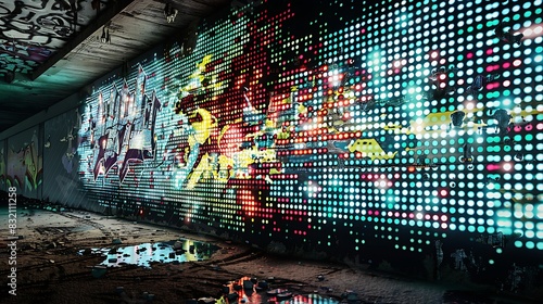 A wall with graffiti art that resembles a glitched digital screen, pixelated and distorted