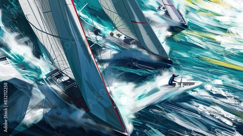 Racing boats, sailboats cut through ocean, competition, waves, rough sea, windy weather, pencil drawn style, sun, resort vacation, swimming. Active outdoor recreation concept. Generative by AI. © Кирилл Макаров