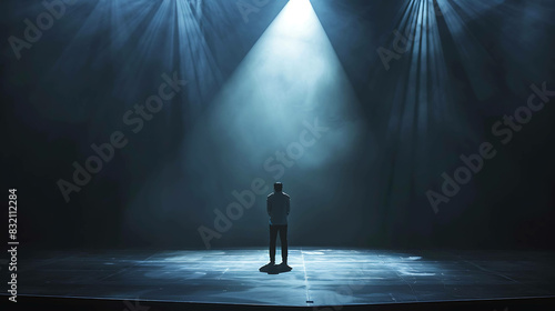 Standing alone on a vast stage, the dancer is illuminated by a single spotlight. photo