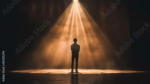 Standing alone on a stage with a spotlight shining down  the dancer is bathed in a warm golden light.