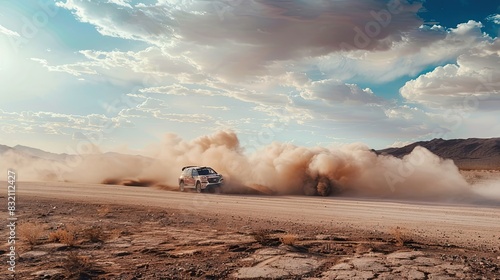 Rally cars kick up dust on a rough desert track. Mexico, desert, high speeds, training ride, racing, car simulators, image for poster, intensity and excitement, off road racing. Generative by AI. © Кирилл Макаров