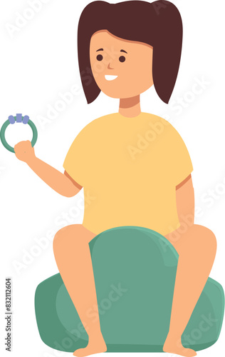 Cartoon illustration of a young child sitting on a green bean bag chair holding a blue rattle