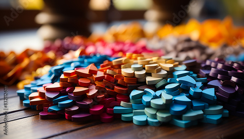 Colorful paper origami hearts on wooden table