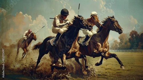 Thrilling horse race with jockeys encouraging their mounts to ride faster. Games, hand drawn style, competition, match, confrontation, sports betting, training race, high speed. Generative by AI.