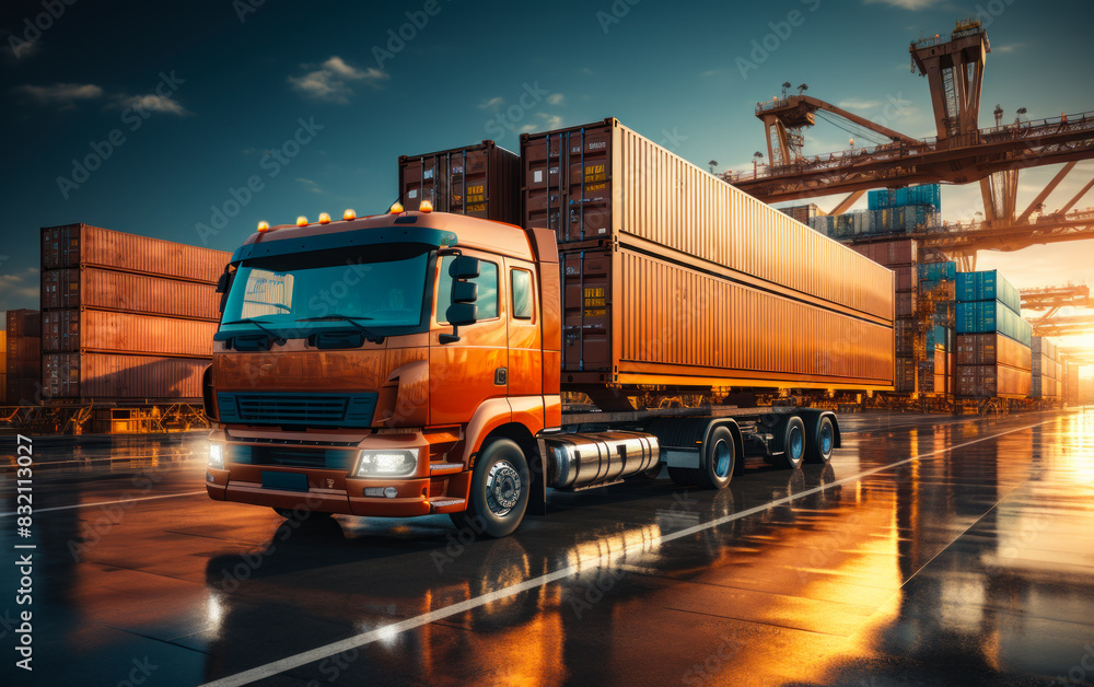 Truck transports container in the sea port at sunset