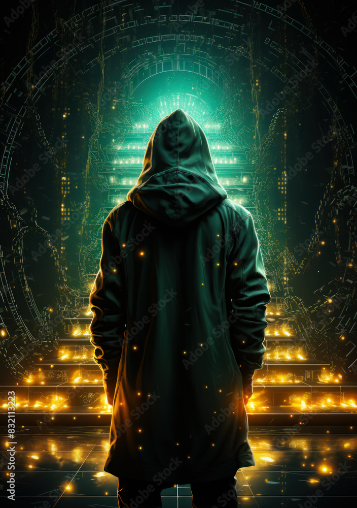 Φωτογραφία Mysterious man stands in hoodie on the background of the stairs in the old castl