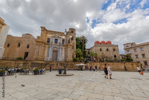 PALERMO, ITALY, JUNE 15,  2023 - The church of Santa Maria dell'Ammiraglio (La Martorana) and the church of San Cataldo in Palermo, Sicily, Italy.