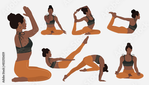 Set of flat black girls doing yoga vector . Bundle of African American women in different poses. Exercises for health, posture, relaxation, meditation, concentration.