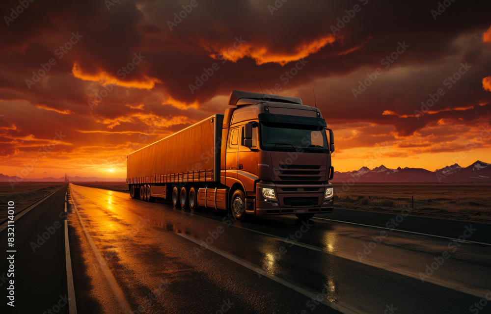 Truck drives on the highway at sunset