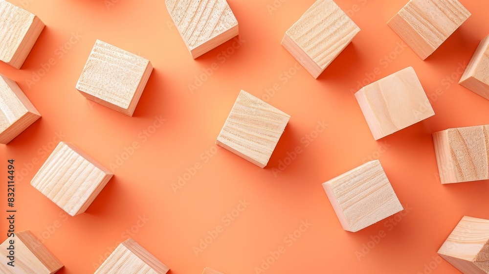 Wooden Blank Blocks Against Orange Background Minimalist Design Elements Wooden Blank Blocks Against Orange Background Minimalist Design Elements