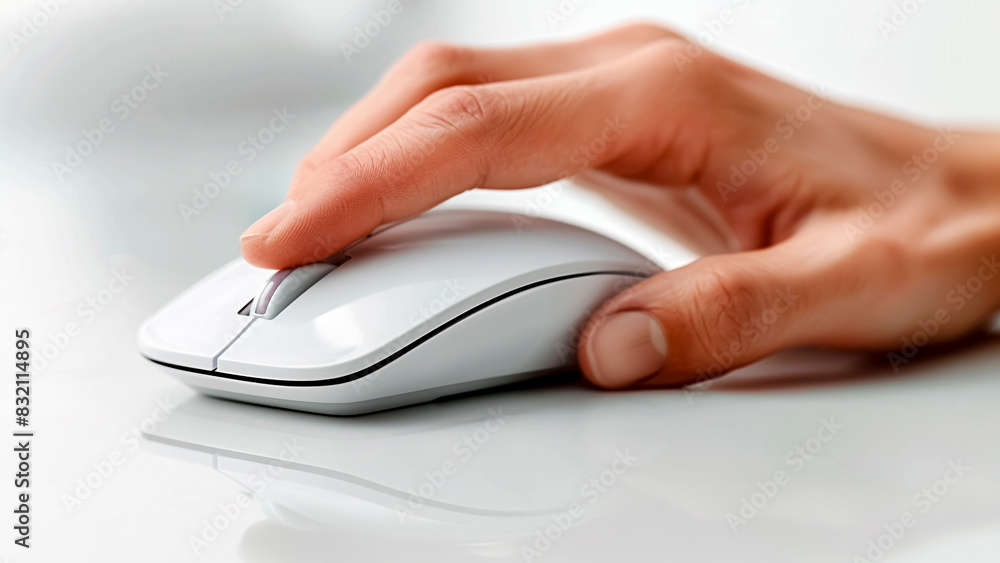 Hand Clicking White Computer Mouse. Digital Interaction, Workplace Tool, Technology User. Hand Clicking White Computer Mouse. Digital Interaction, Workplace Tool, Technology User.
