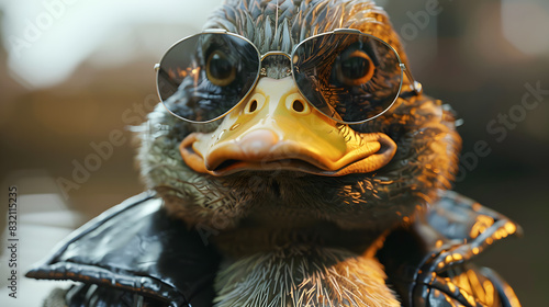 Duck wearing a leather jacket and sunglasses 