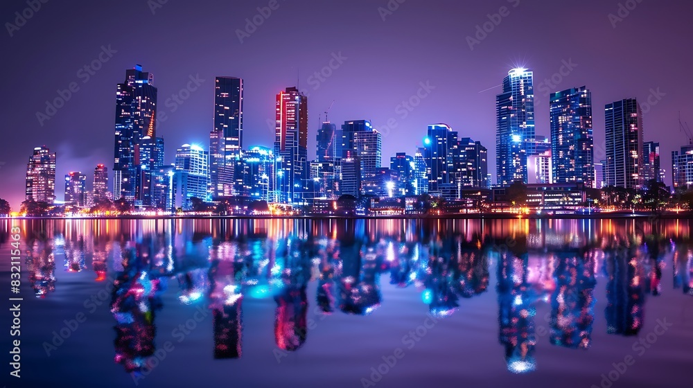 A stunning night view of a modern city. The city is reflected in the water, creating a beautiful and colorful scene.