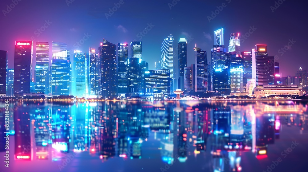 Cityscape of a modern city with skyscrapers and lights reflecting in the water below.