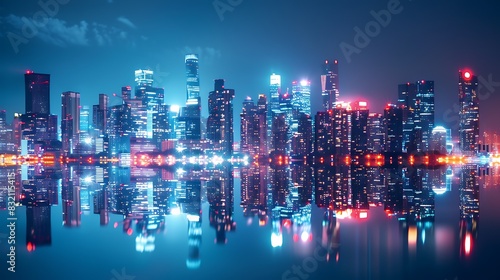 A stunning cityscape at night. The city is full of tall buildings, lights, and reflections.