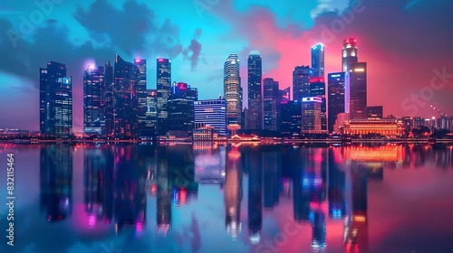 Cityscape of a modern city with skyscrapers and a river in the foreground. The sky is a gradient of blue and purple with a hint of pink.