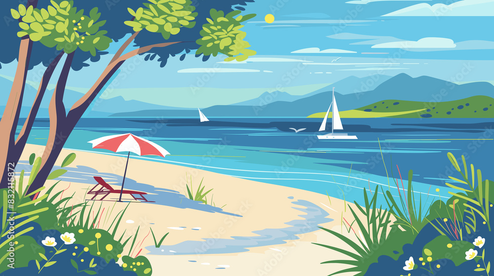 Seascape with mountains, sandy beach, yacht. Concept of travel, trip, vacation, relaxation. Flat background, digital. Banner, poster, flyer.