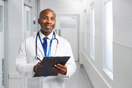 Portrait Of Smiling Mature Doctor Wearing White Coat In Hospital Writing On Patient Clipboard Chart