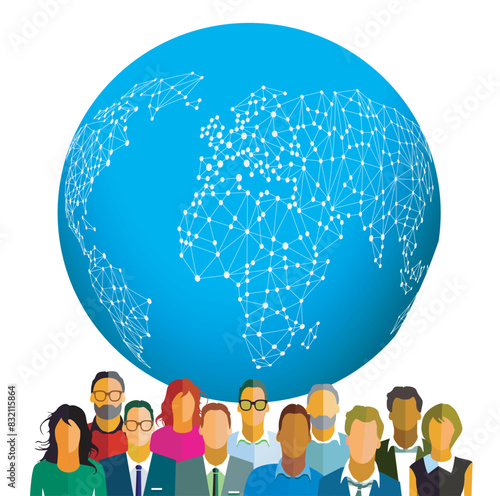 Eine Gruppe von Personen vor einem Globus,  isoliert auf weißem Hintergrund, Illustration