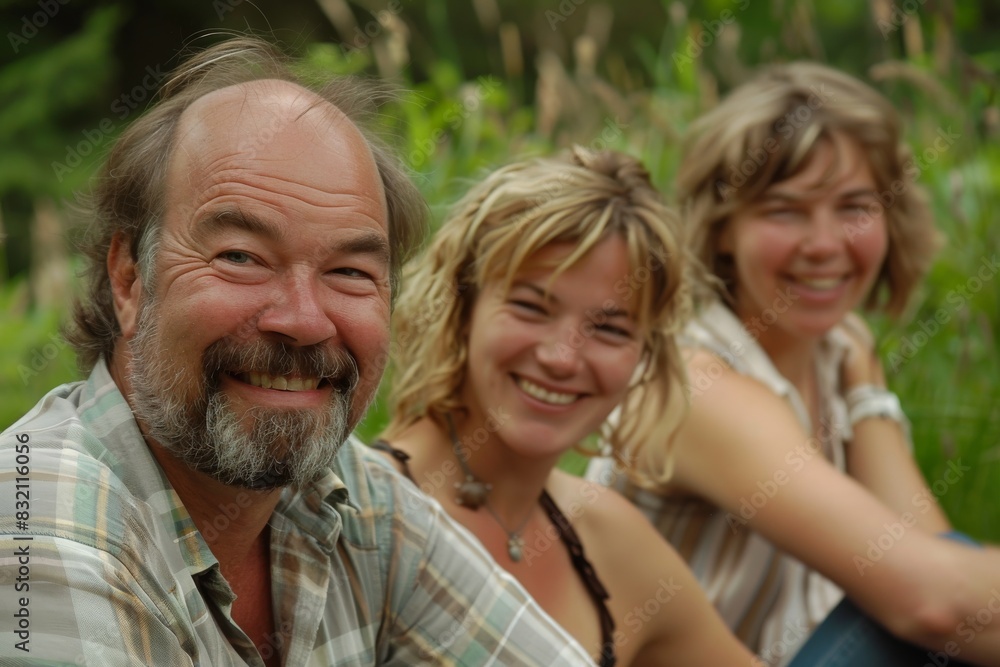 Portrait of a happy senior man and his family in nature. Portrait of a happy senior man and his family in nature.