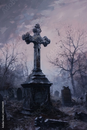 Ornate Cross in Misty Old Graveyard 