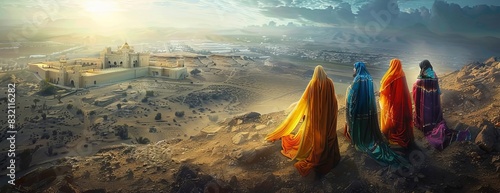 Four women in colorful robes stand overlooking a vast, golden landscape. photo