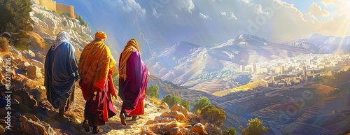 Three people in robes walk along a mountain path, with a breathtaking view of the distant city below. photo