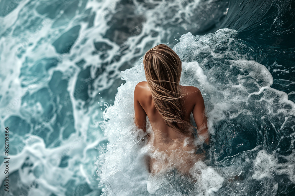naked blonde woman swims in the sea, washed by waves and foam, vacation, relaxation, fun naked blonde woman swims in the sea, washed by waves and foam, vacation, relaxation, fun
