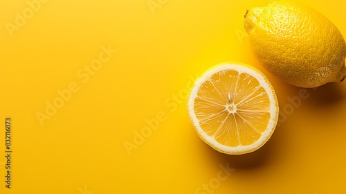 Fresh lemon cut in half on a vibrant yellow background. photo