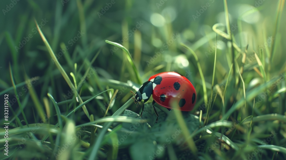 A ladybug perched on the edge of green grass, with dewdrops glistening in its red shell and black dots. A ladybug perched on the edge of green grass, with dewdrops glistening in its red shell and black dots.