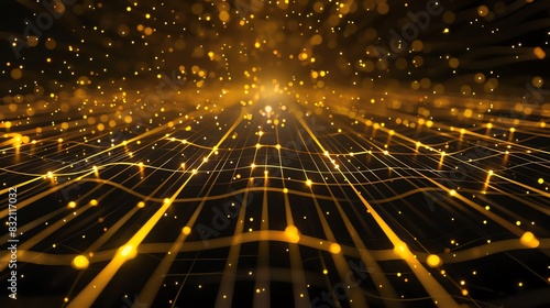 Abstract image of glowing grid structure with golden particles floating in the air. photo