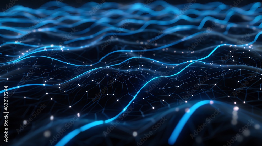 Blue wavy surface with glowing dots. Blue wavy surface with glowing dots.