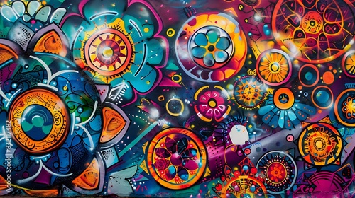 An abstract graffiti wall with a pattern of fractal mandalas