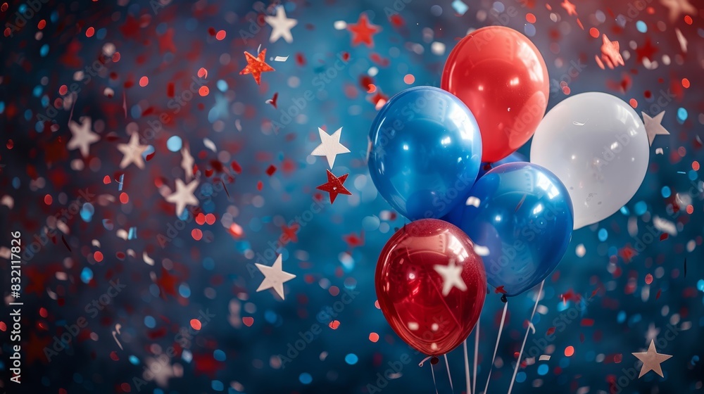 Patriotic celebration with red, white, and blue balloons, confetti stars in the background, festive atmosphere