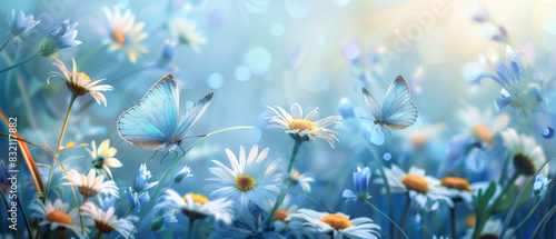 Bello fondo de primavera en tonos azulados en un campo lleno de margaritas y dos mariposas azules, con fondo bokeh brillante desenfocado photo
