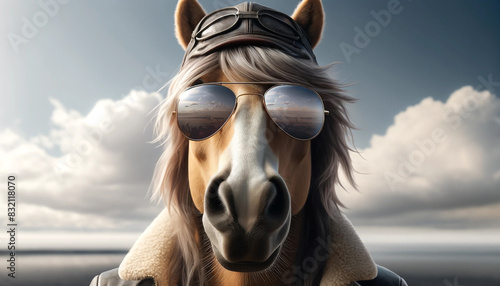 Close-up of a dun horse looking directly at the viewer, wearing mirrored sunglasses and a leather pilot's cap. The background features an open sky, hinting at an adventure theme. photo