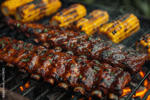 Grilled corn and BBQ ribs sizzling on the grill for a festive Labor Day celebration.