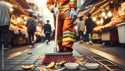 Detailed close-up of a street cleaner sweeping a street in a small town. Janitor, paved street, collecting dirt and leaves. photo
