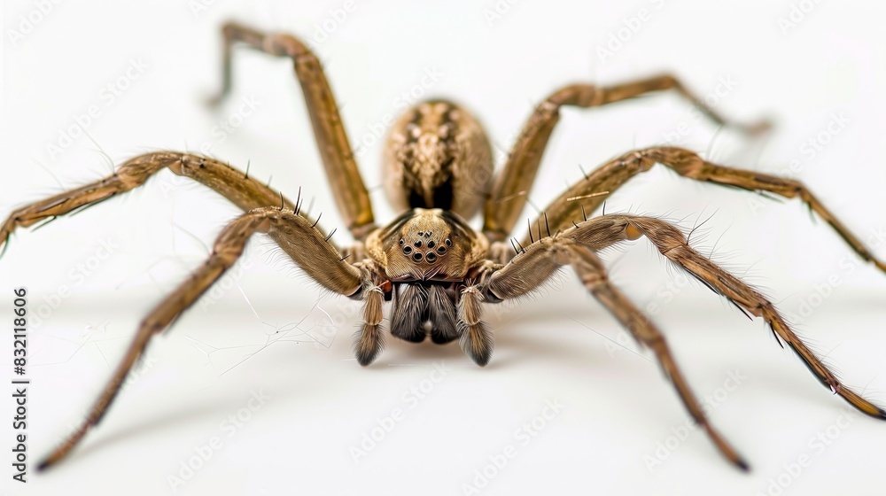 A closeup of a nursery web spider on a white background A closeup of a nursery web spider on a white background