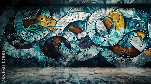 An abstract graffiti wall with a design of interlocking gears