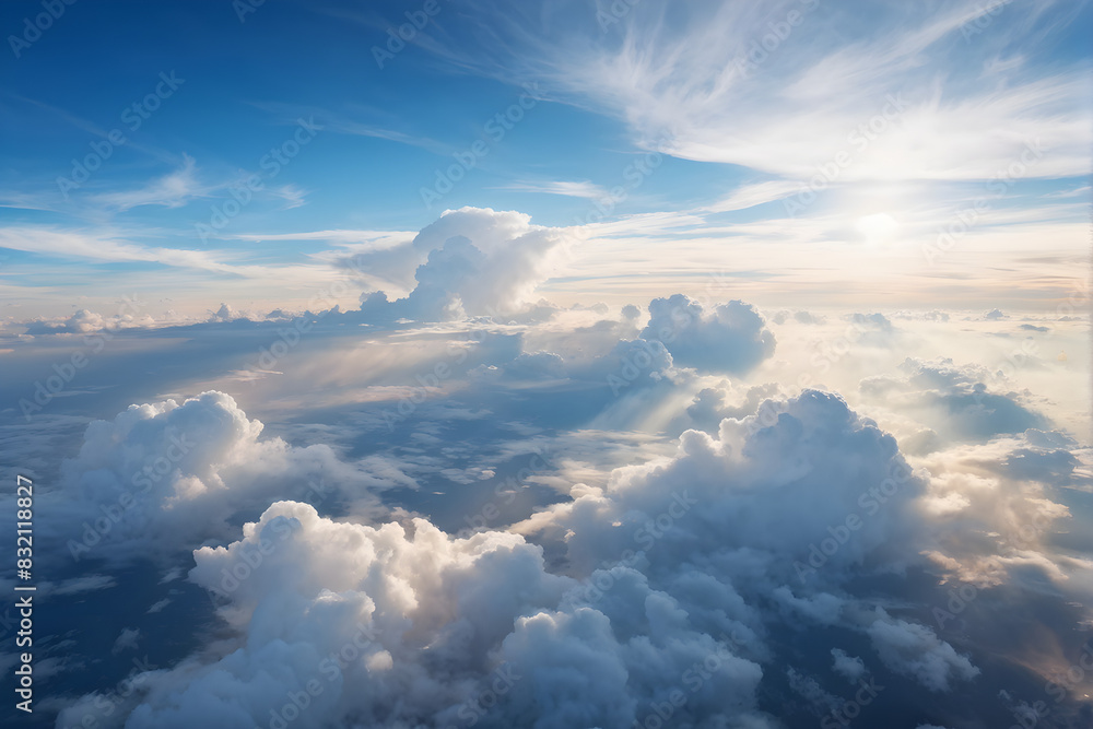 High nature view large white clouds on soft sky background in the morning, View of white cloudy on the plane. High nature view large white clouds on soft sky background in the morning, View of white cloudy on the plane.