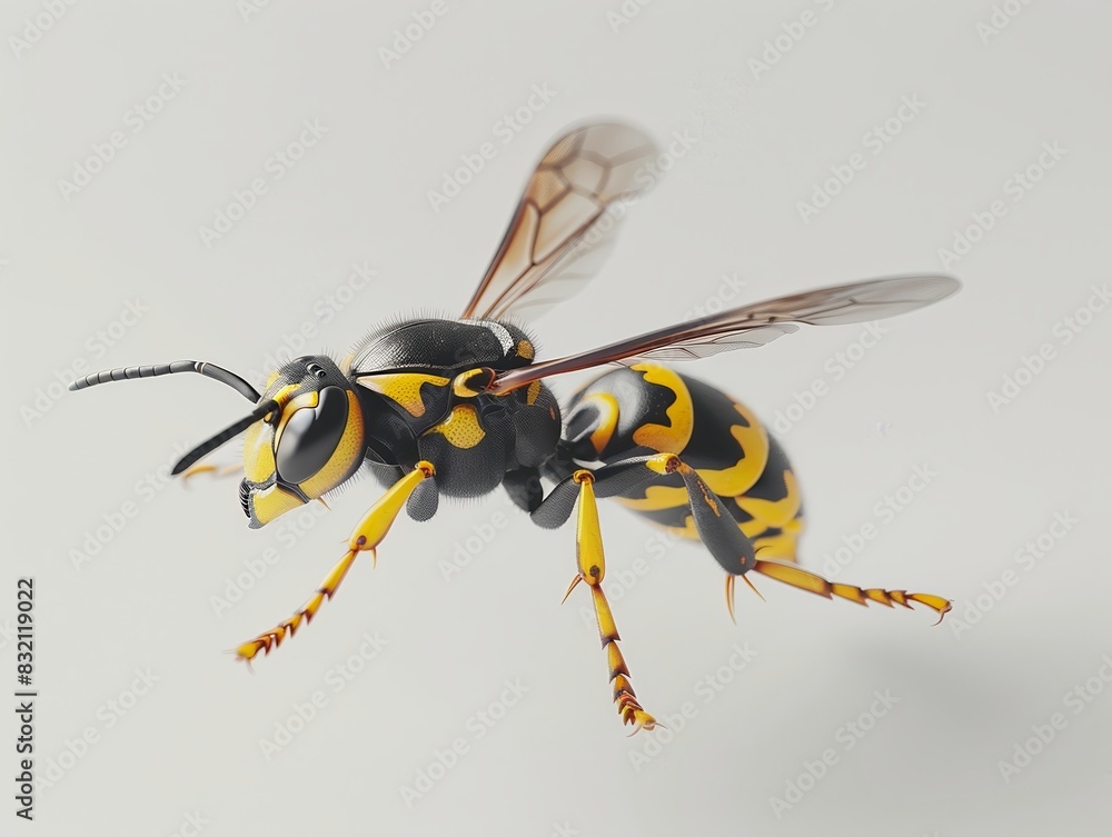 A wasp in midflight on a white background 082