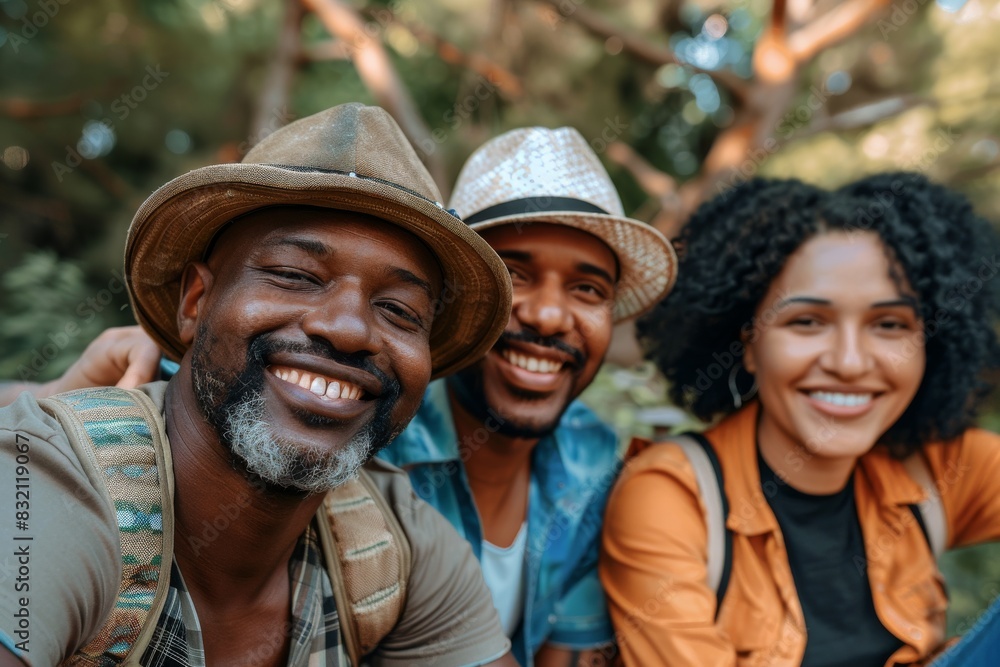 Cheerful african american friends in hats smiling and looking at camera in park Cheerful african american friends in hats smiling and looking at camera in park