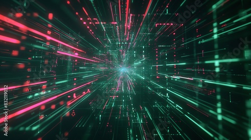 This is an abstract image of a tunnel with glowing green and red lights