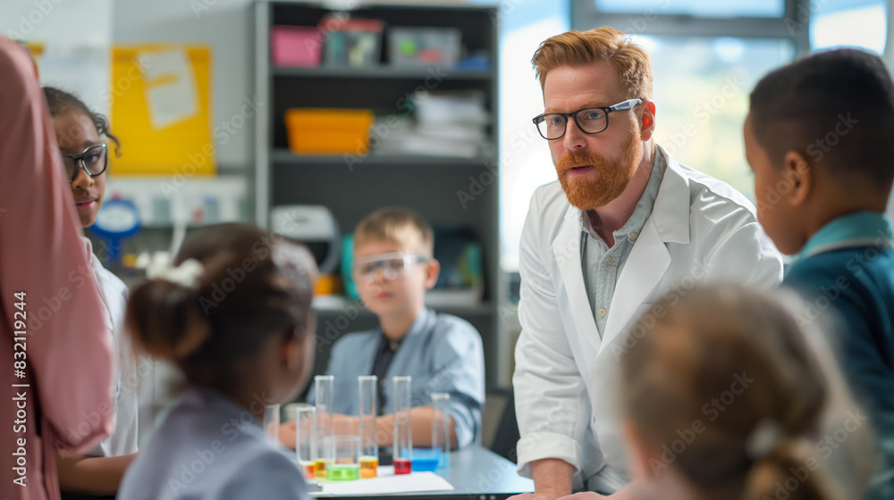 A bearded educator demonstrates a hands-on science experiment to attentive children, emphasizing the joy of learning and discovery A bearded educator demonstrates a hands-on science experiment to attentive children, emphasizing the joy of learning and discovery