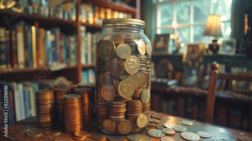 A glass jar filled with assorted coins, surrounded by stacks of coins on a wooden table in a cozy bookshelf-lined room. photo
