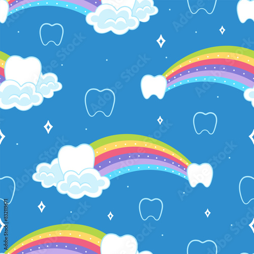 Kawaii sweet seamless pattern with cute rainbow and tooth