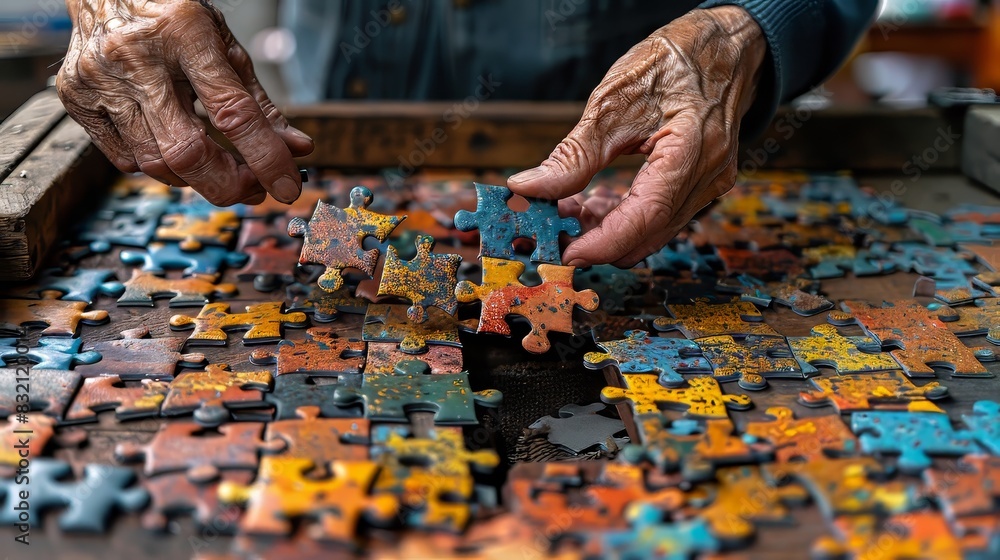 Close-up of elderly hands working on a colorful jigsaw puzzle, symbolizing patience, focus, and the joy of completing a task. Close-up of elderly hands working on a colorful jigsaw puzzle, symbolizing patience, focus, and the joy of completing a task.